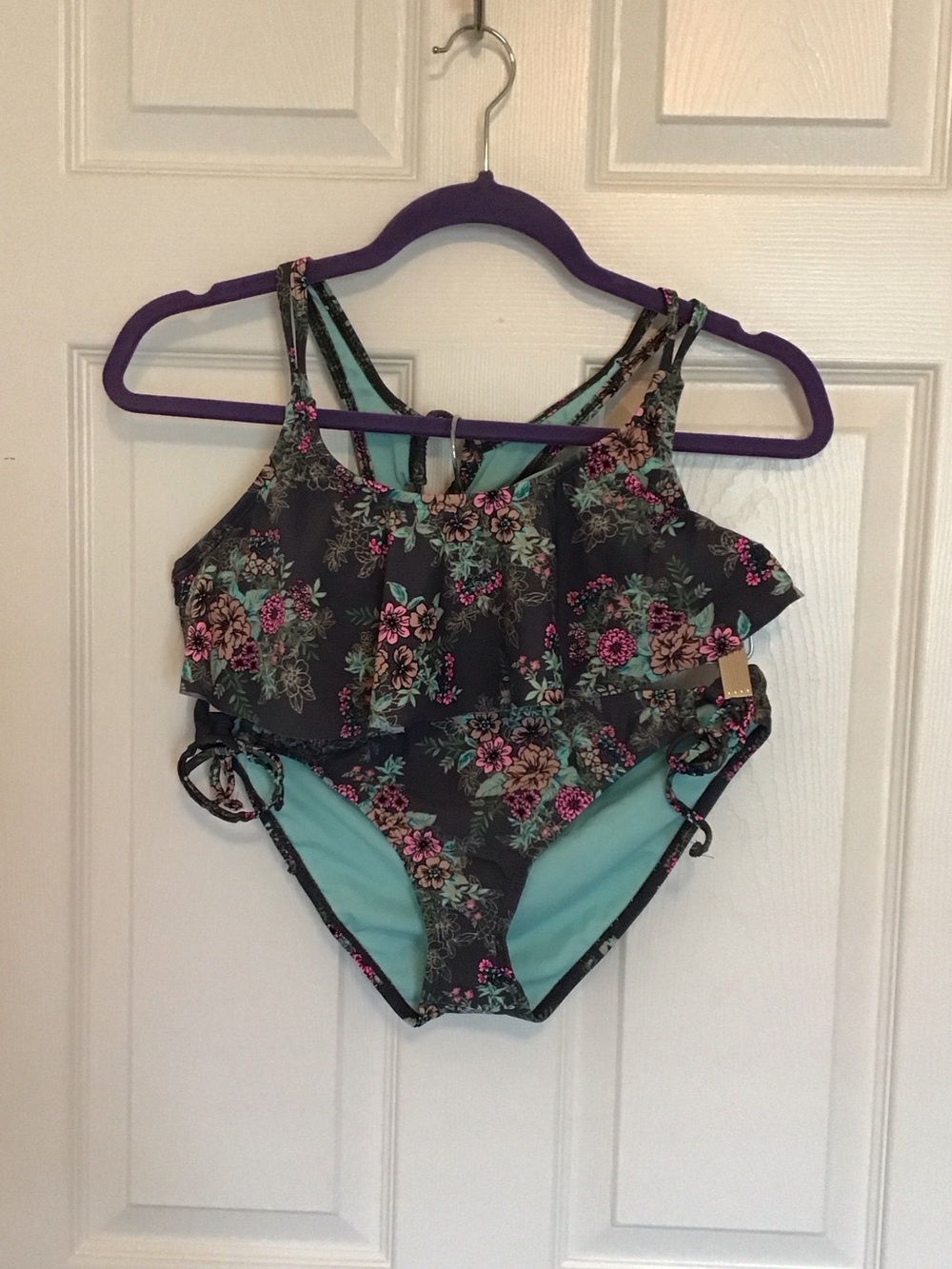 Floral Ruffle Two-Piece Bikini Set in Teal and Black